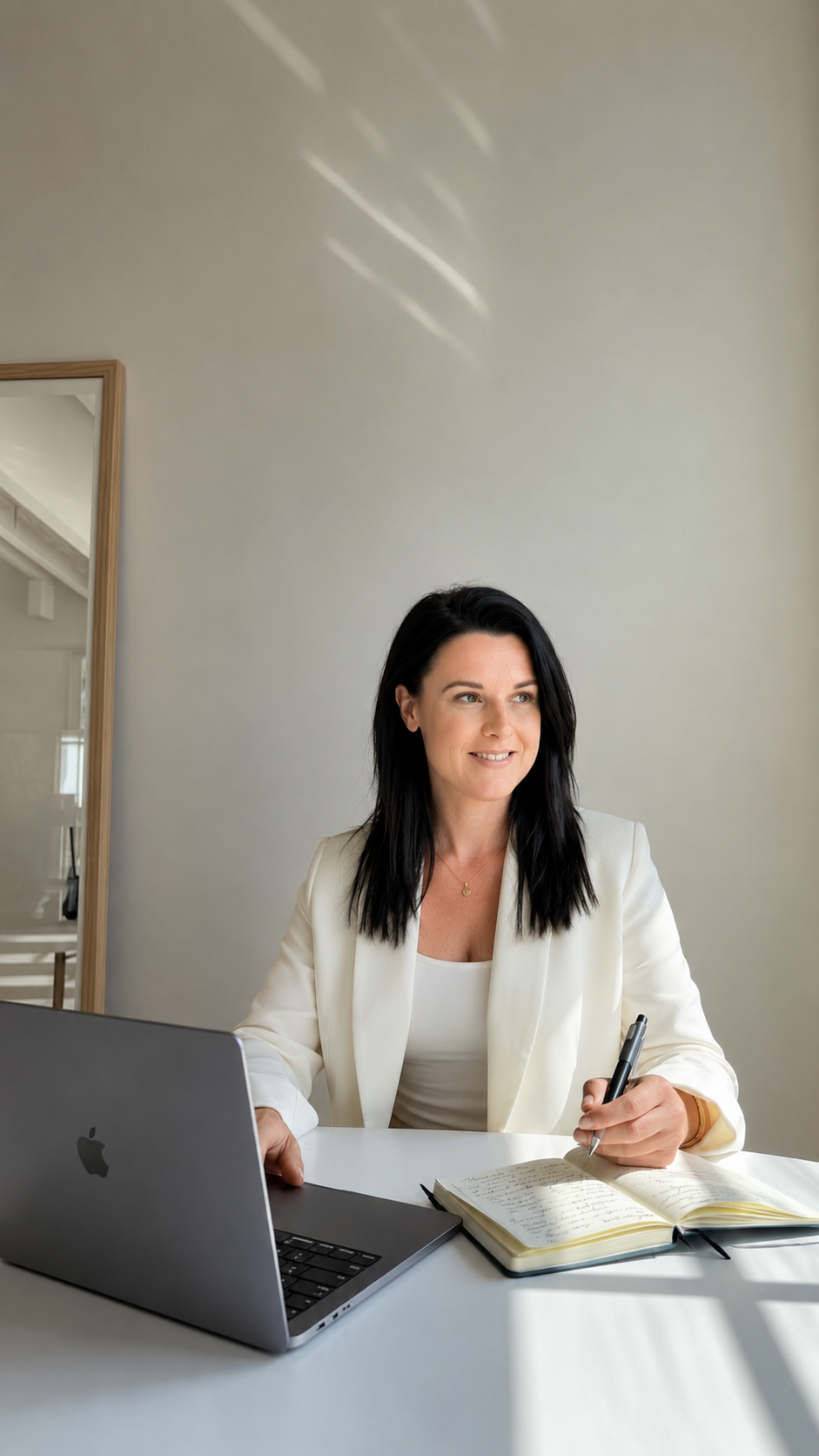 Katie Lyth, founder of WedPro CEO, working at her desk on her laptop with a notebook — wedding business strategy and coaching