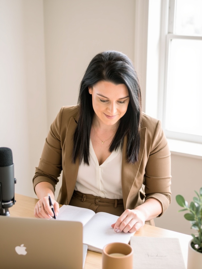 Katie Lyth at her desk recording the WedPro Podcast