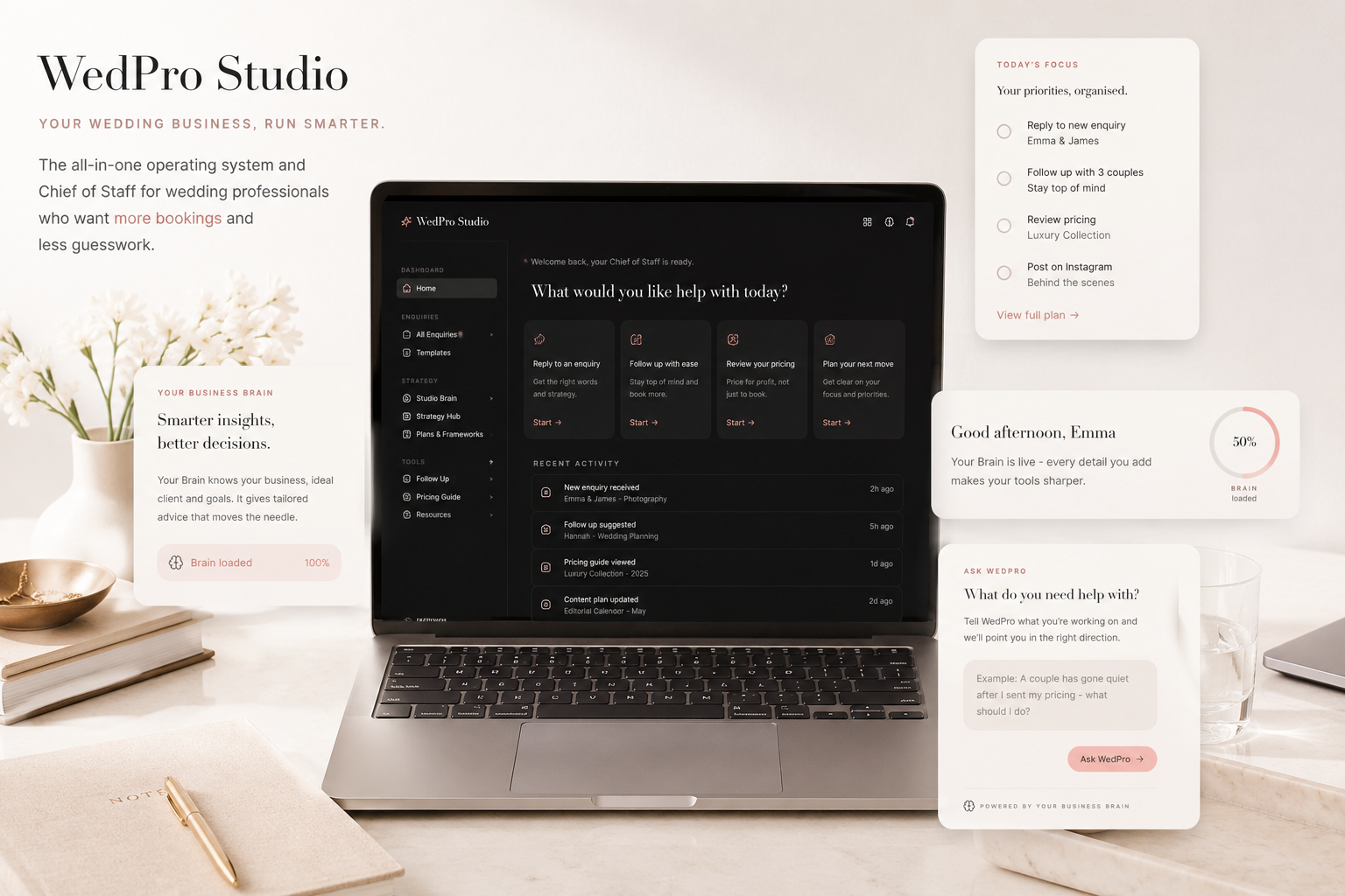 WedPro Studio dashboard preview — AI software and operating system for wedding suppliers